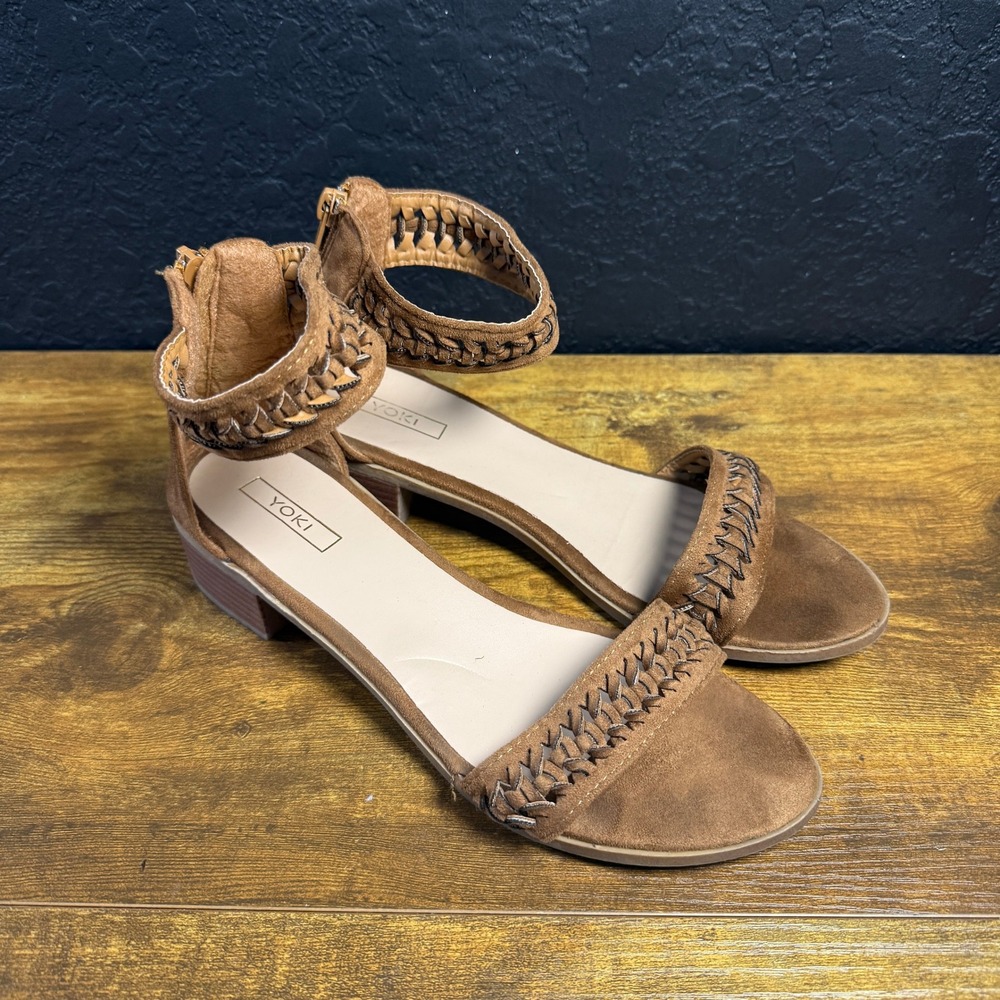Yoki Braided Ankle Strap Brown Faux Suede Flat Sandals Womens Size 9